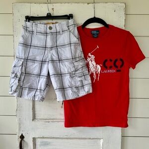 SET/2, LEES DUNGAREES, PLAID CARGO SHORTS,S(8R)W/RED, POLO RALPH LAUREN SHIRT(8)